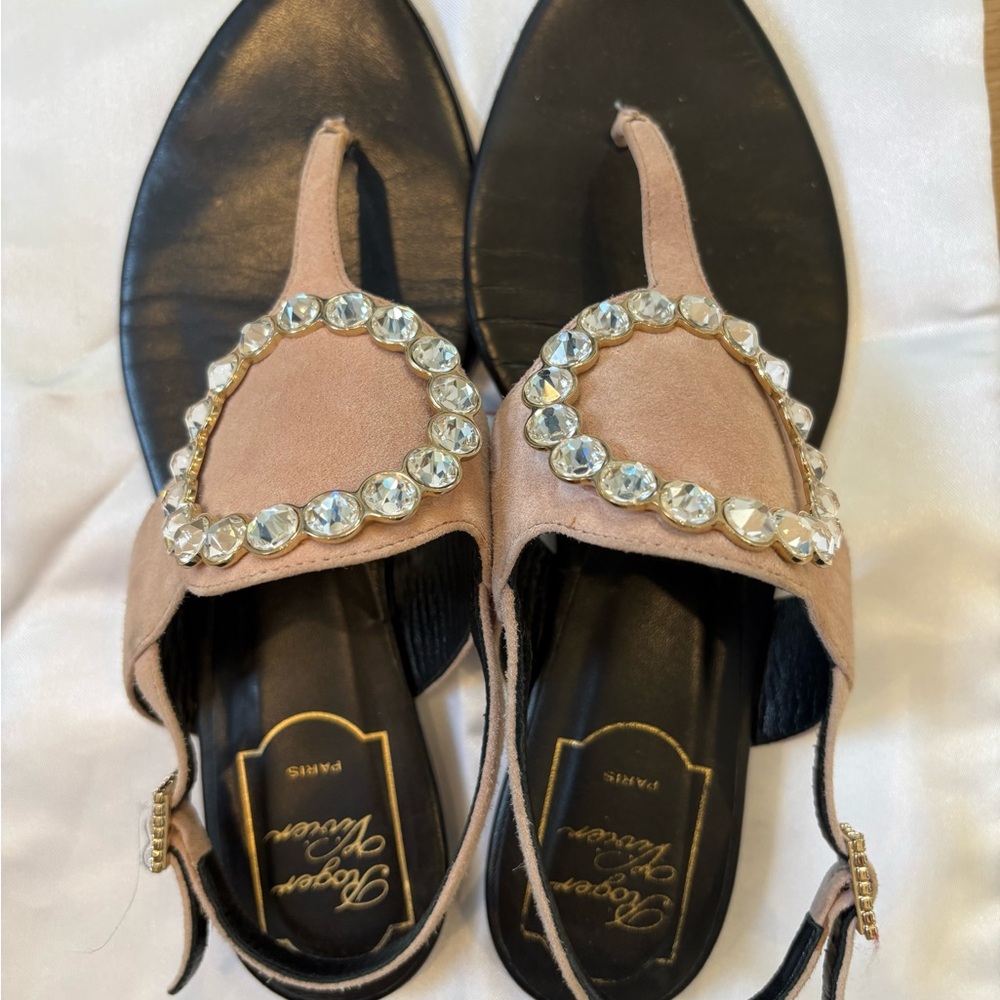 Roger Vivier Pink Suede Crystal Circle Sandals, Size 36 1/2